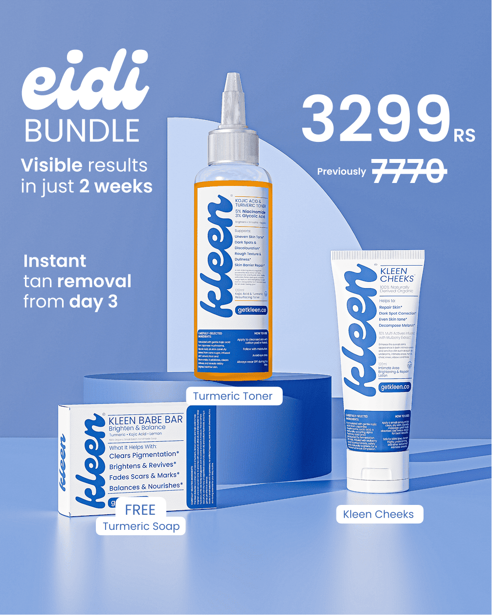 Kleen Eidi Bundle - Turmeric Toner + Kleen Cheeks + FREE Turmeric Soap
